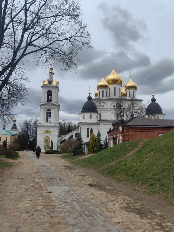 Spring morning walk documented at Dmitrov cathedral complex