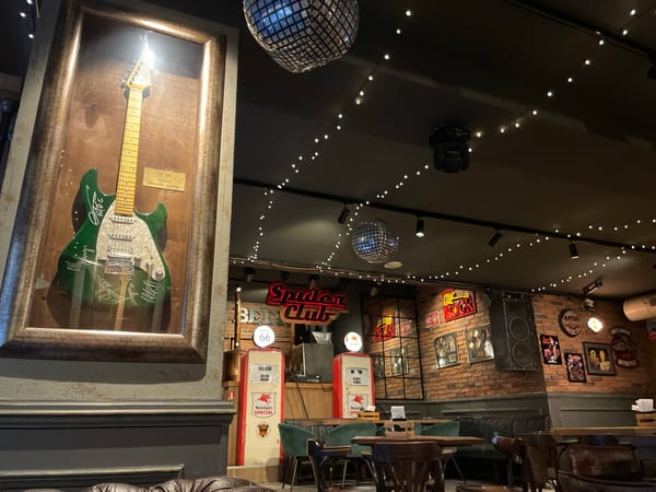 Rock-themed restaurant visit documented in Veliko Tarnovo, Bulgaria