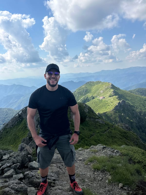 Hiking break on a rocky trail in the Bulgarian mountains