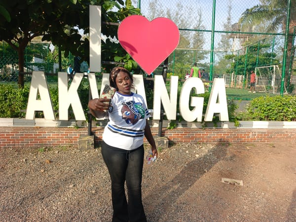 Families pose for photos at Akwanga tourist sign