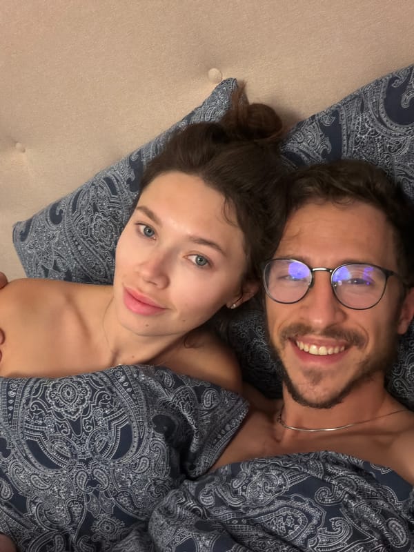 Couple captures selfies during evening in Larnaca, Cyprus