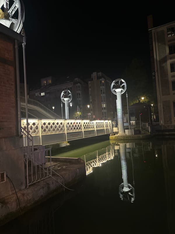 Nighttime view of illuminated Passerelle Simone-de-Beauvoir bridge in Paris