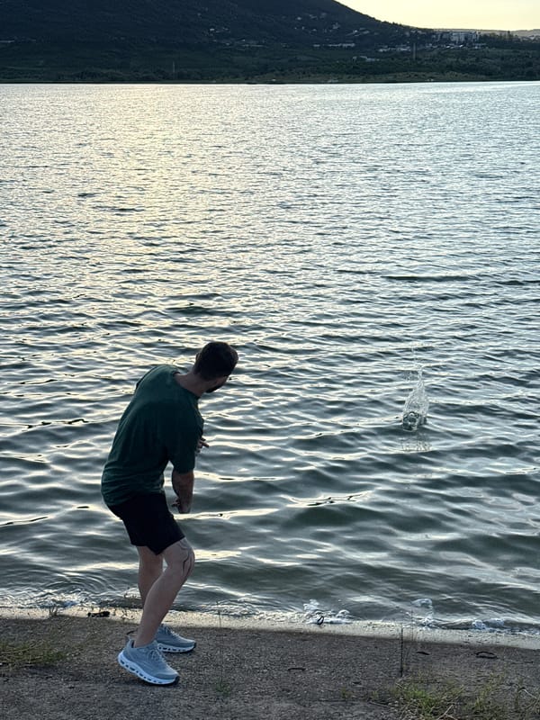 Sunset antics at a Shumen lakeside — jumps, splashes, golden light