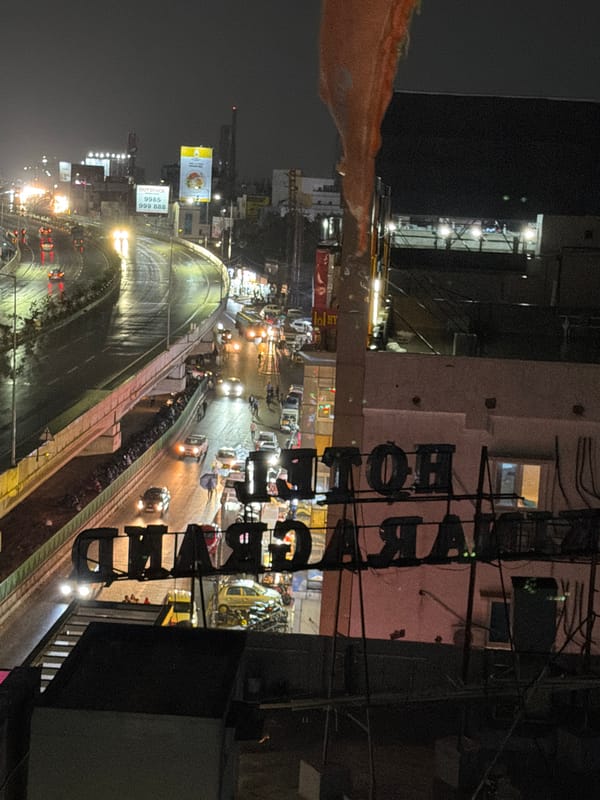 Rainy night in Shamshabad: dinner, a hotel, and wet highways