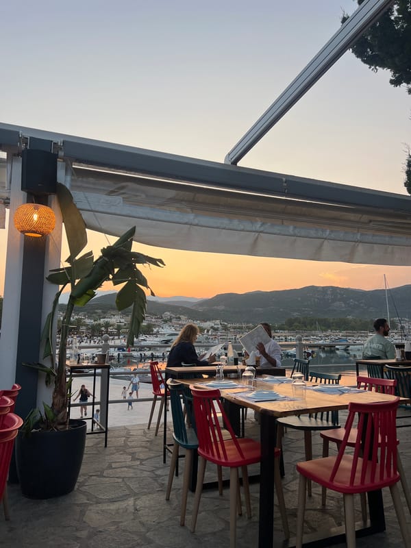 Sunset dinner at a marina, then arcade games after dark