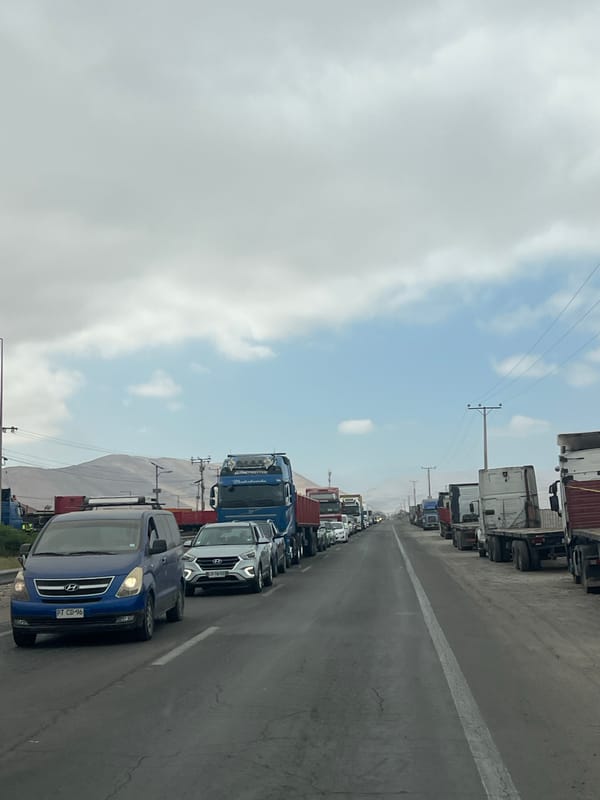 Traffic jam clogs highway near Arica, Chile