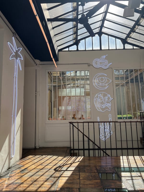 Sunlight through a glass ceiling in a Paris café