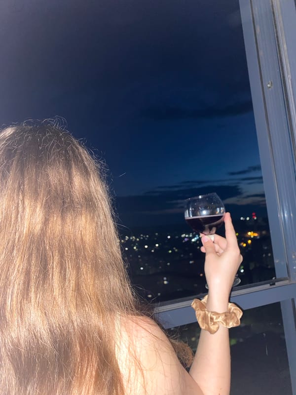 Balcony evening in Izhevsk: wine, city lights, and a curious cat