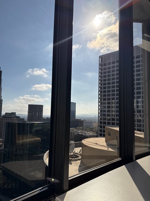 Inside a downtown LA high-rise: skyline views and hotel interiors