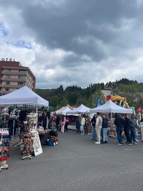 Street market operates in Zlatograd, Bulgaria featuring local vendors