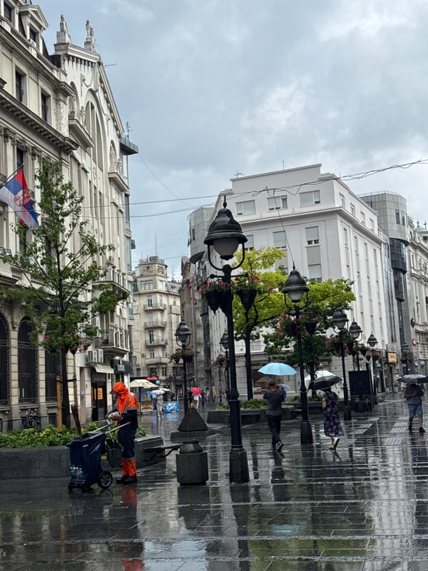 Wet Belgrade pedestrian street on a rainy July afternoon