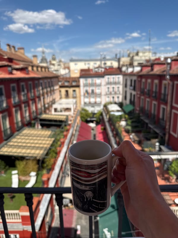 Person enjoys drinks on Madrid balcony overlooking historic center