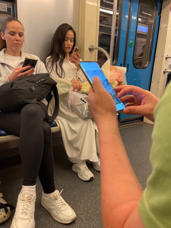 Quiet moment aboard a Moscow metro train