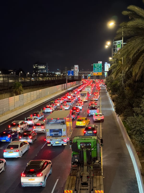 Nighttime highway gridlock on a Tel Aviv freeway