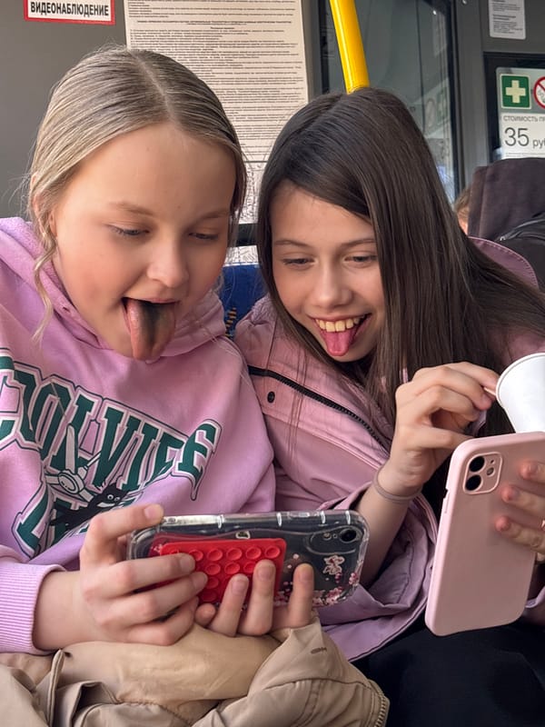 Two girls ride public transport in Izhevsk, Russia