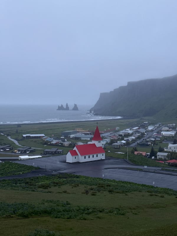 Rainy evening views of iconic Vikurkirkja Church documented in Vik
