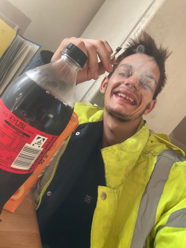 Selfies in a yellow jacket, cigarette in hand