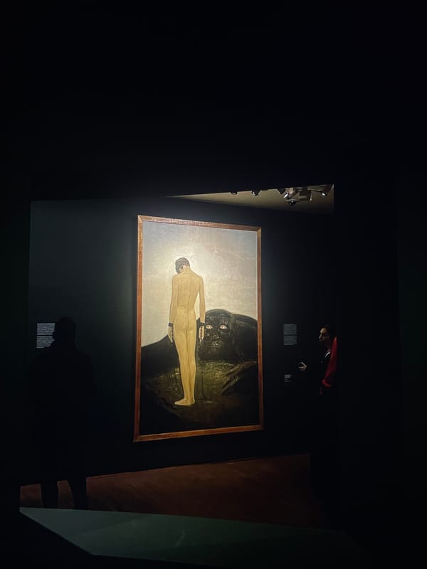 Museum visitor documents collection of artworks featuring restrained figures