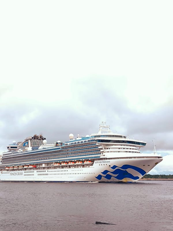 Sapphire Princess cruises past Vecāķi pier at dusk