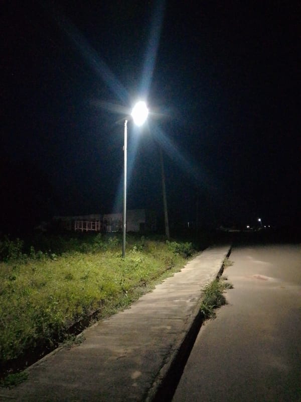 Streetlamp illuminates a paved path and road at night