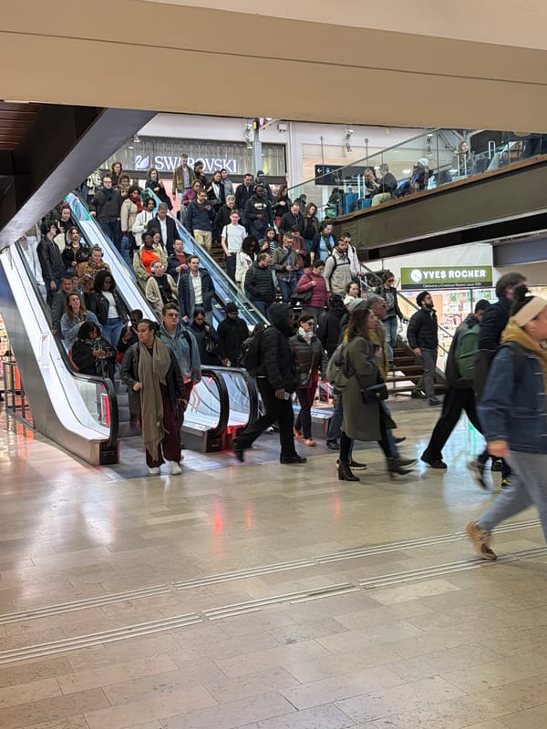 Morning crowd fills Paris shopping mall escalator