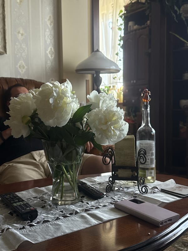 Man enjoys quiet Sunday morning with cat, cake, champagne