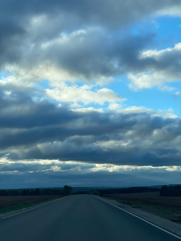 Cloudy skies observed over rural road near Перевозное, Russia