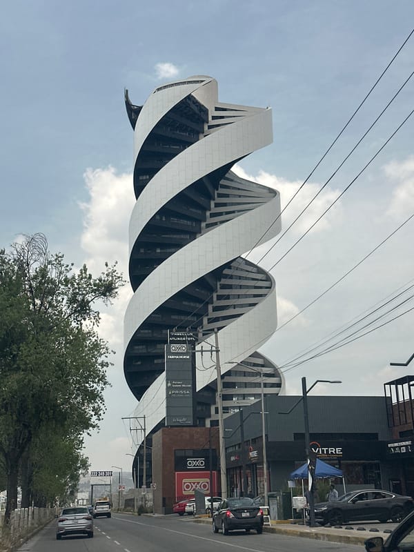 Modern spiral building documented in San Bernardino Tlaxcalancingo, Mexico