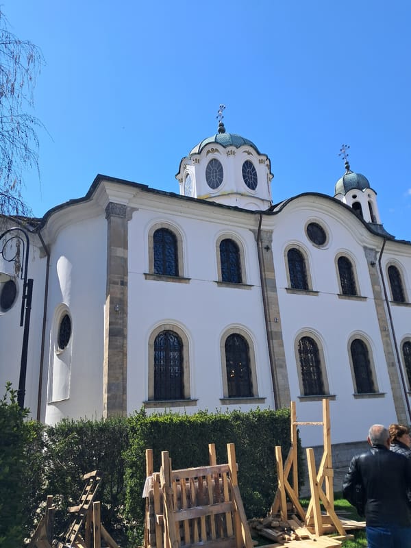 White domed building observed amid construction materials and foliage
