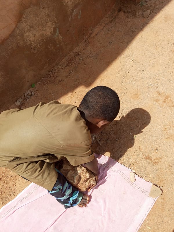 Examining a rock on sandy ground in Gombe, Nigeria
