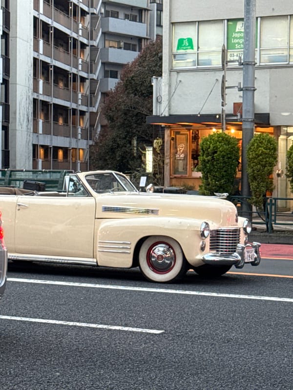 Vintage 1940s Cadillac convertible spotted on Shibuya street