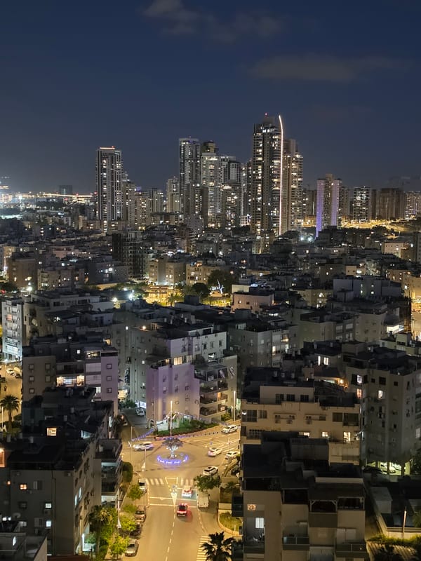 Aerial nighttime view captured over Bat Yam urban landscape
