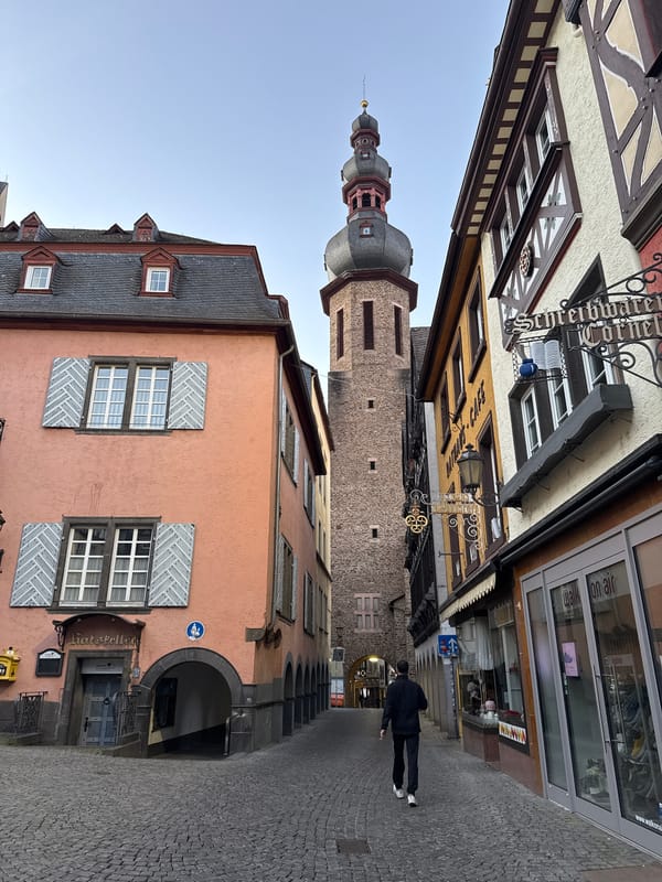 Spring blooms documented along cobblestone streets in Cochem, Germany