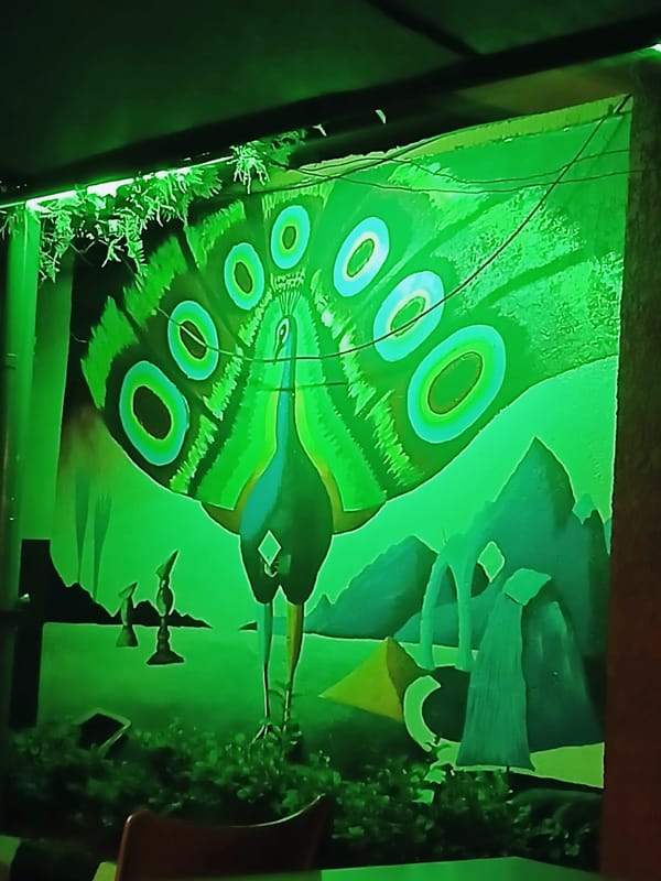 Evening indoor scenes captured in Jos include murals, televised soccer