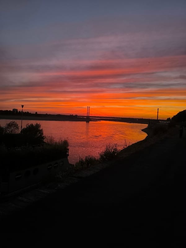 Sunset colors streak across the Rhine in Düsseldorf