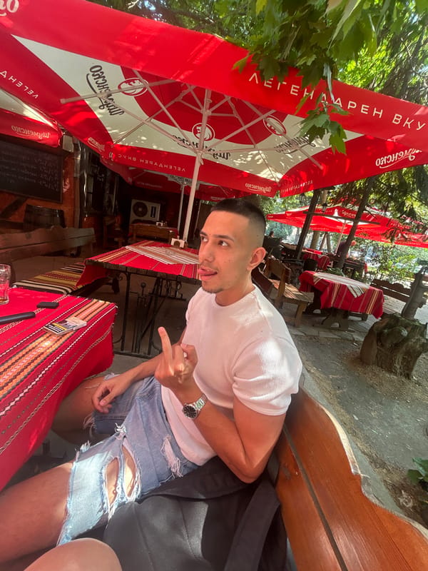 Couple Takes Selfies at Outdoor Café in Plovdiv Bulgaria