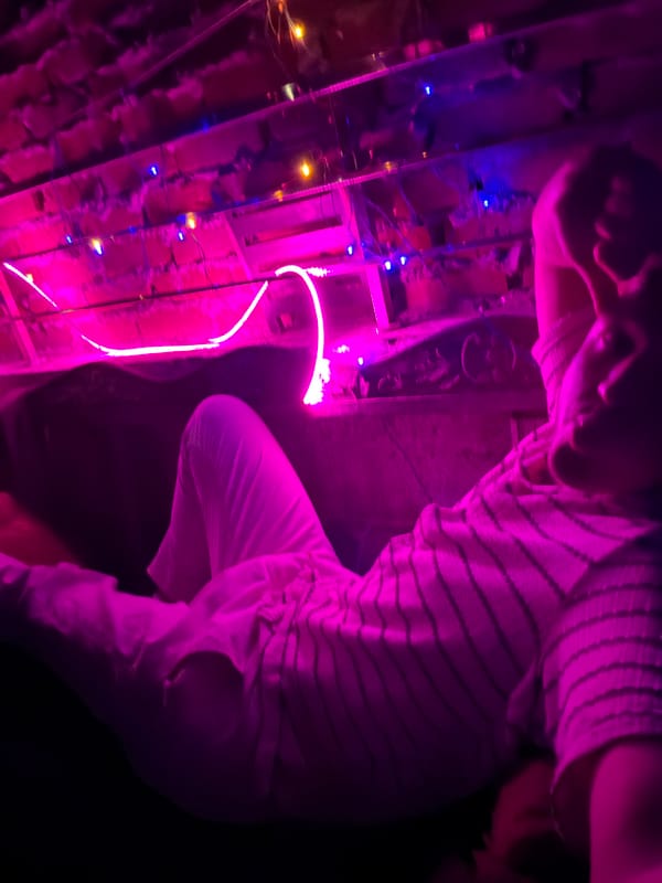 Neon-lit Delhi evening: rooftop vibes and a plane overhead