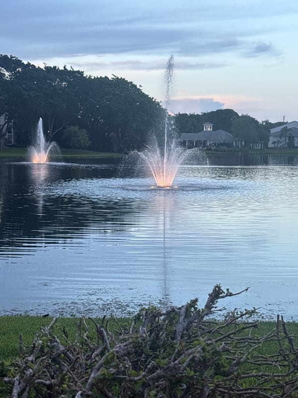 Dusk settles over a fountain lake in Delray Beach