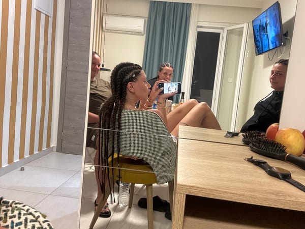 Evening hotel room relaxation in Katerini, Greece