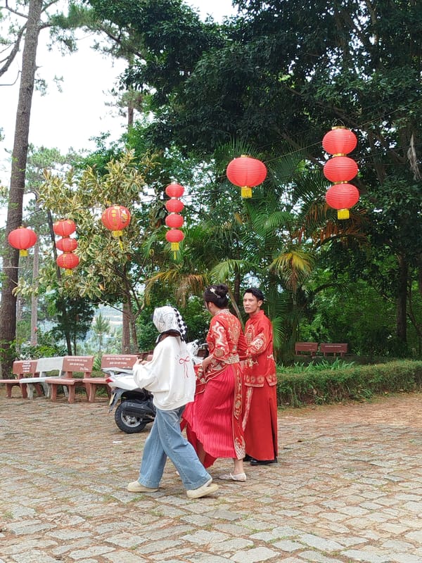 Tourist documents Buddhist temple visit and Da Lat architecture