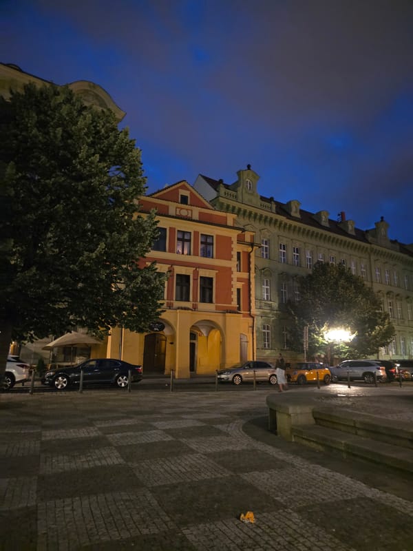 Cobblestone plaza, rubber duck shop, and Gaia Lounge at night