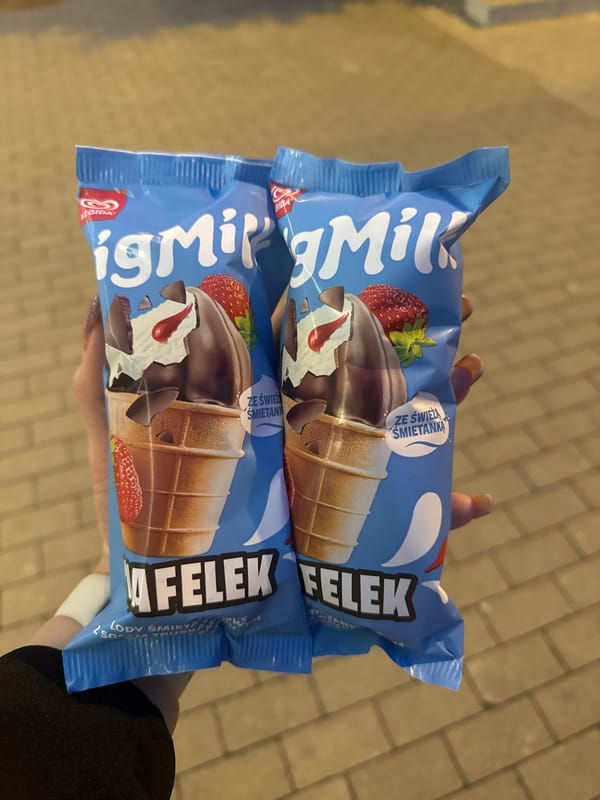 Person holds ice cream cones in evening Poznan