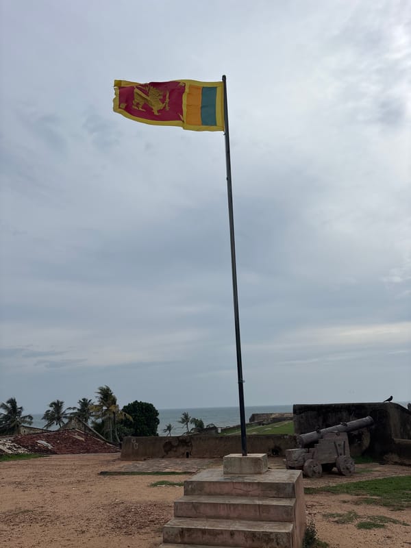 Tourist documents Galle Fort landmarks during morning visit