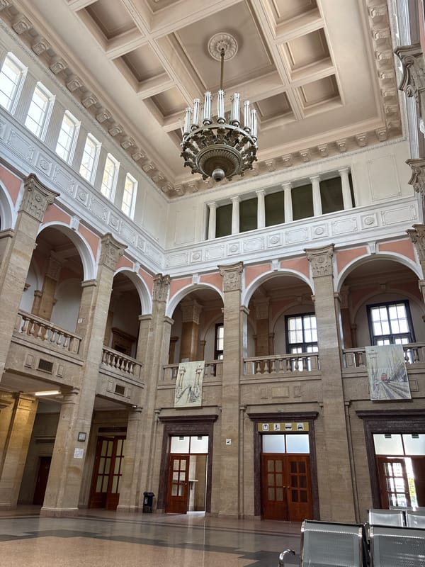 Ornate ceiling and chandelier documented at Ruse Central Railway Station