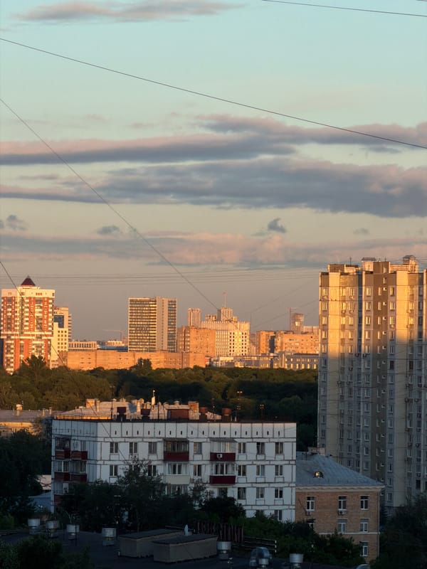 Khimki cityscape at sunset, street level and above
