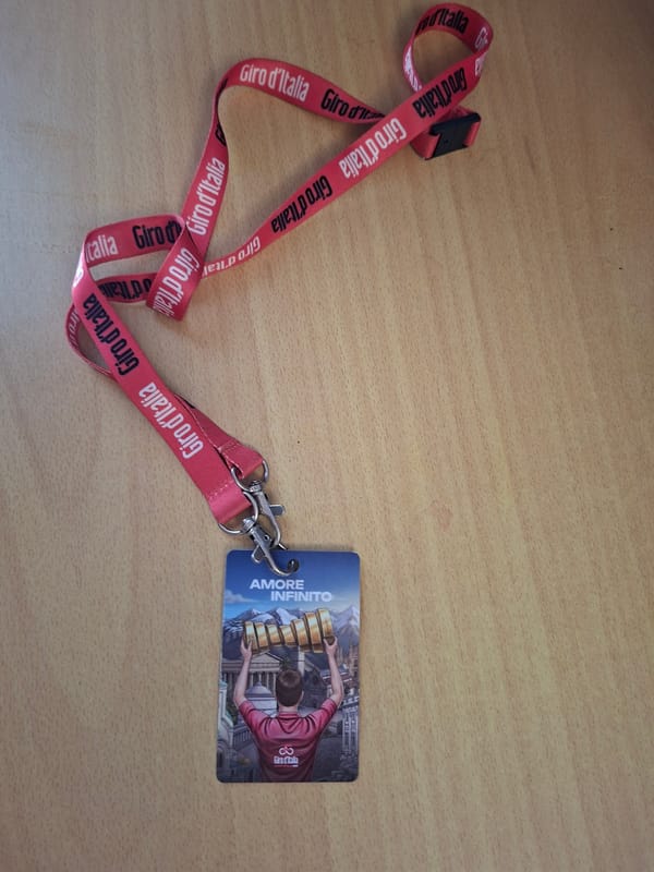 Giro d'Italia lanyard spotted on wooden surface in Bulgaria