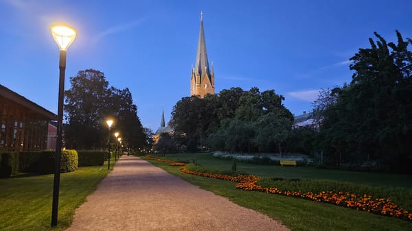 Linköping's historic streets and landmarks at summer twilight