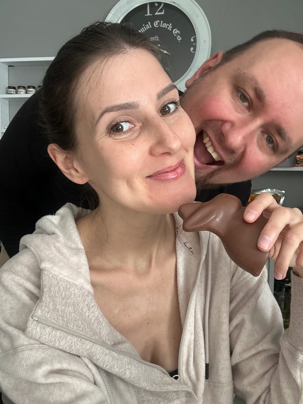 Family celebrates Easter with chocolate bunnies in Wisła