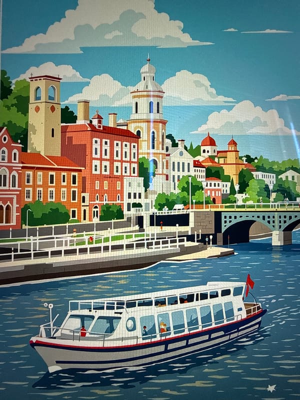 Illustrated cityscape and laptop wallpaper, both scenic landscapes