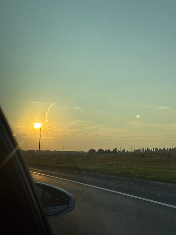 Back seat views of a rural sunset road trip